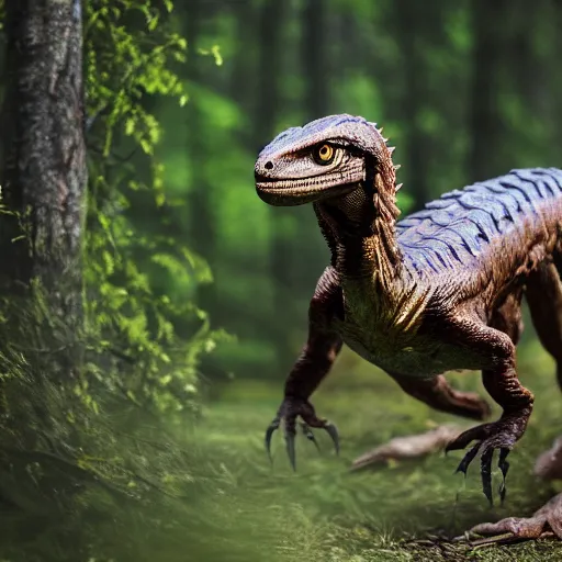 Image similar to velociraptor in forest, national geographic, prehistoric planet, XF IQ4, f/1.4, ISO 200, 1/160s, 8K, RAW, unedited, symmetrical balance, in-frame
