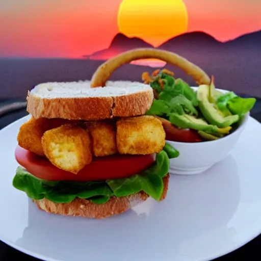 Image similar to one sandwich with fried tofu, one tomato slice, mayonaisse, one onion ring, avocado, melted cheddar, over a red dish that is on a table, with a sunset and rainbow in the background with saturn and stars in the sky