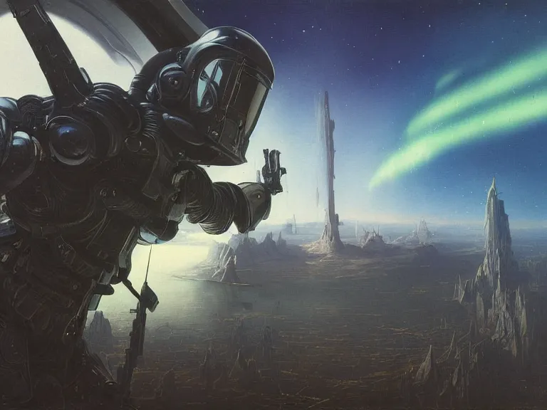 Image similar to a detailed profile painting of a bounty hunter in armour and visor, cinematic sci-fi poster. Spaceship high in the background. Flight suit, anatomy portrait symmetrical and science fiction theme with lightning, aurora lighting clouds and stars. Clean and minimal design by beksinski carl spitzweg and tuomas korpi. baroque elements. baroque element. intricate artwork by caravaggio. Oil painting. Trending on artstation. 8k