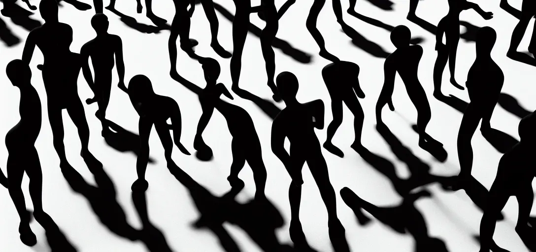 Prompt: multiple interacting human figures, real anatomy, daz, occlusion, high contrast, very long soft shadows, on white