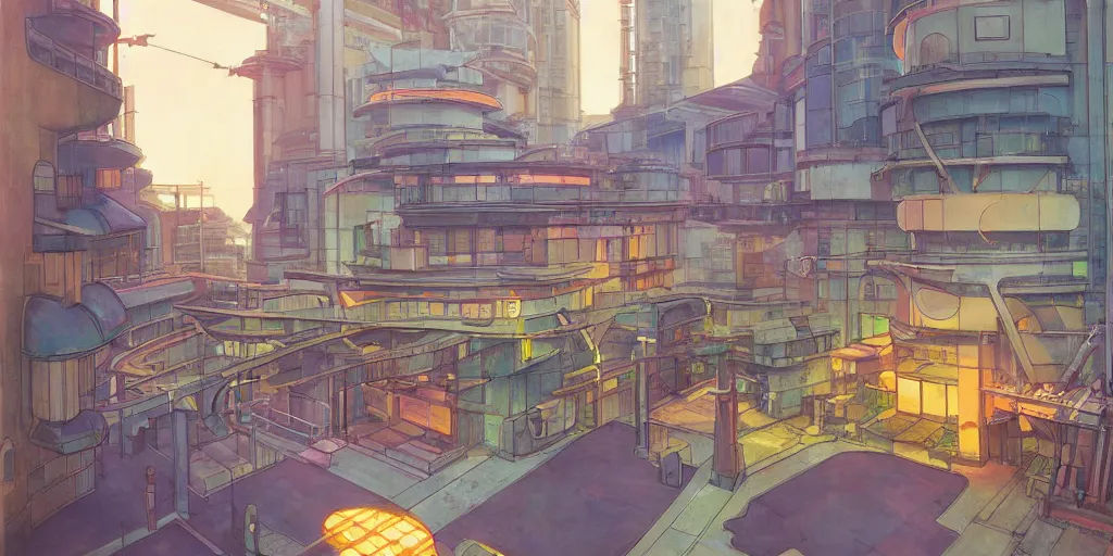 Image similar to Fusion reactor powering a future city, solarpunk, by Studio Ghibli and Edward Hopper