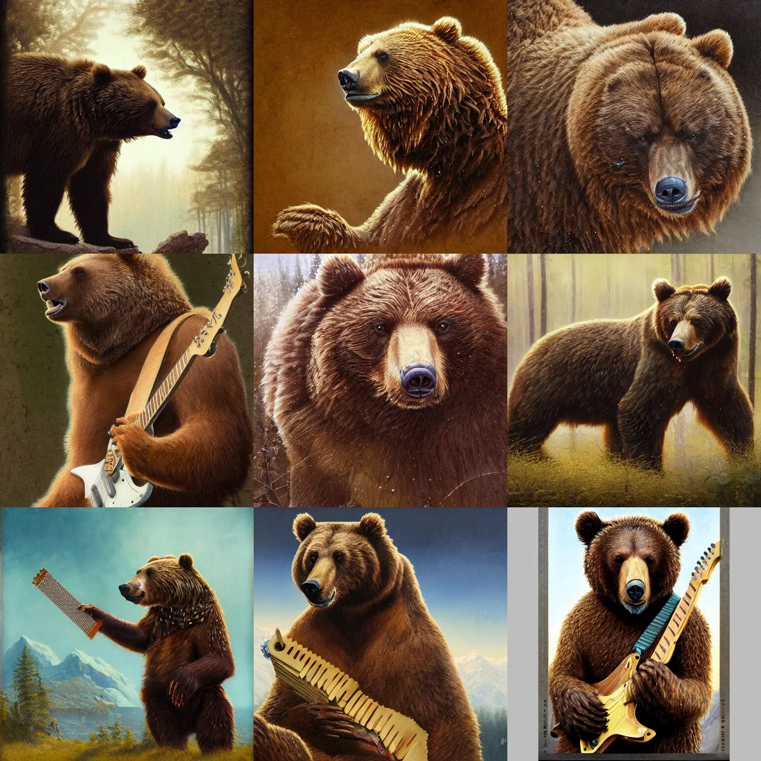 Prompt: Realistic brown bear as Lenny Kravitz playing triangular guitar, by Antonio Caparo and Ferdinand Knab and Greg Rutkowski UHD photorealistic trending on artstation