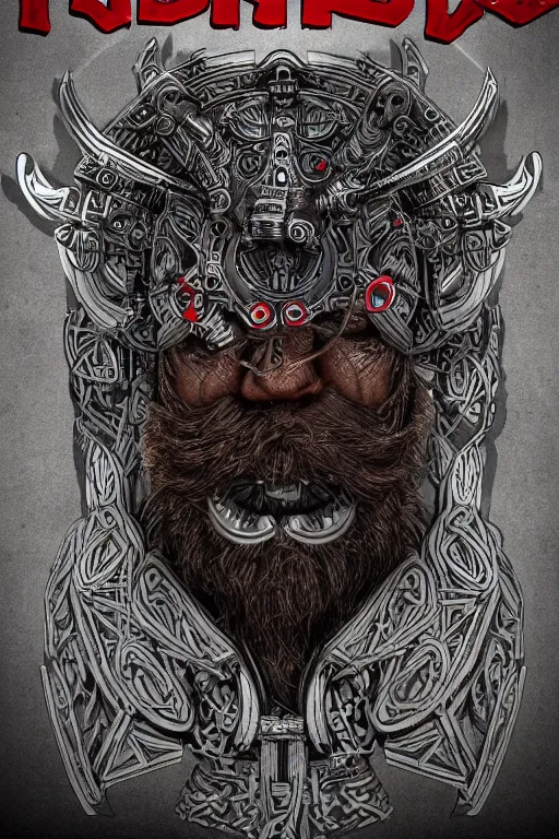 Image similar to robotic viking, handsome and strong, red beard, psychedelics, dmt, detailed intricate, 8 k, cinematic