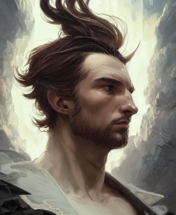 Image similar to portrait close up of man, concentrated look, symmetry, with an explosion on the back, d & d, fantasy, intricate, elegant, highly detailed, digital painting, artstation, concept art, art by artgerm and greg rutkowski and alphonse mucha, boris vallejo