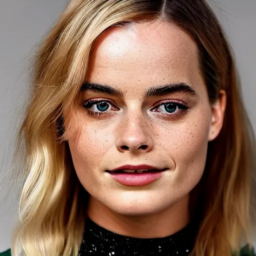 Image similar to a woman who is a genetic combination of margot robbie and emma watson face and upper - body focus