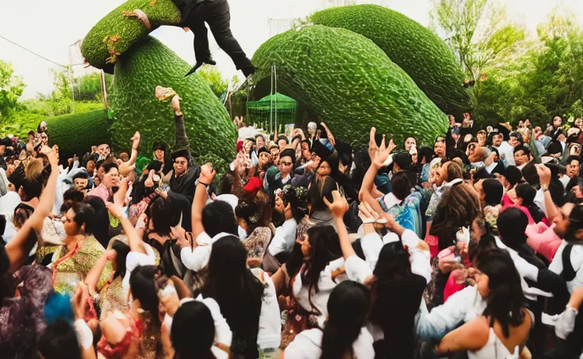 Prompt: a crowd of mexicans dancing around a giant avocado in a wedding,