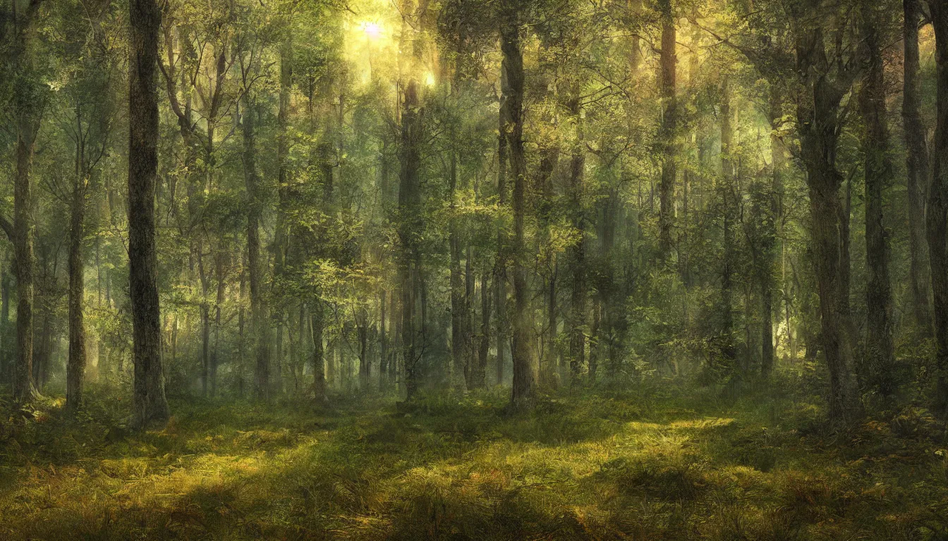 Image similar to a clearing in a forest, digital art, highly detailed, realistic, bright colors, 8 k