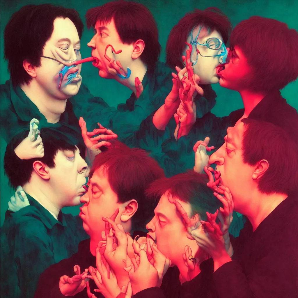 Prompt: weird and disturbing portrait of bill hicks kissing todd solondz, tongue, vivid colors, neon, art by ( ( ( kuvshinov ilya ) ) ) and wayne barlowe and francis bacon and artgerm and wlop and william - adolphe bouguereau