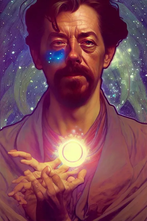 Image similar to alan watts floating in the universe full body painting highly detailed dramatic lens lighting by artgerm and greg rutkowski and alphonse mucha and simon stalenhag artstation