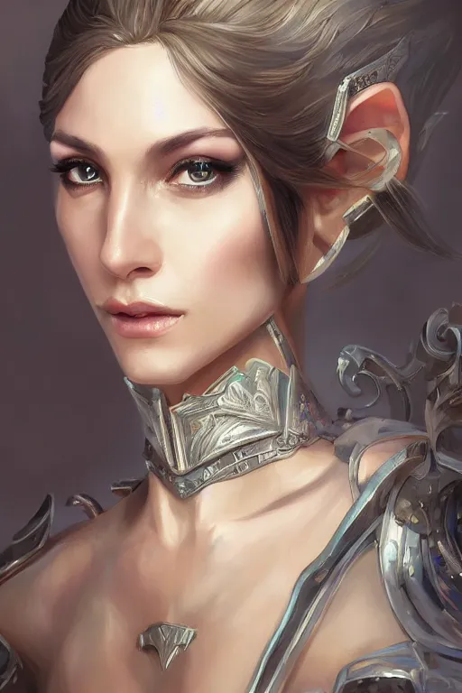 Image similar to three-quarters portrait pose of a beautiful woman, slim body, shining armor, elf warrior, fantasy, intricate, elegant, highly detailed, digital painting, artstation, concept art, matte, sharp focus,D&D, illustration, art by Stanley Lau