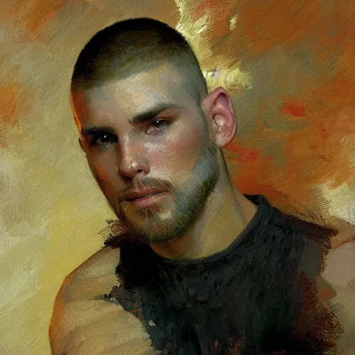 Prompt: a man with a buzz cut haircut, painting by Gaston Bussiere, Craig Mullins