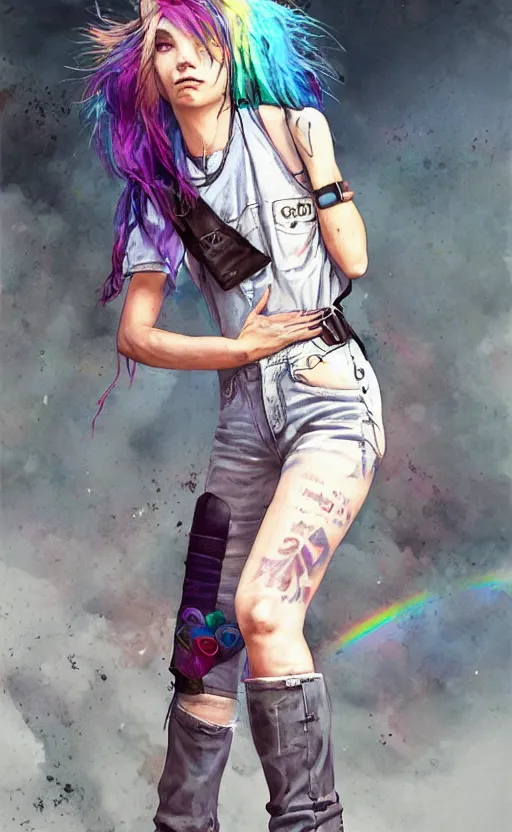 Prompt: a grungy alternative woman with rainbow hair, drunk, angry, soft eyes and narrow chin, dainty figure, long hair straight down, torn overalls, short shorts, combat boots, basic white background, side boob, symmetrical, single person, style of by Jordan Grimmer and greg rutkowski, crisp lines and color,