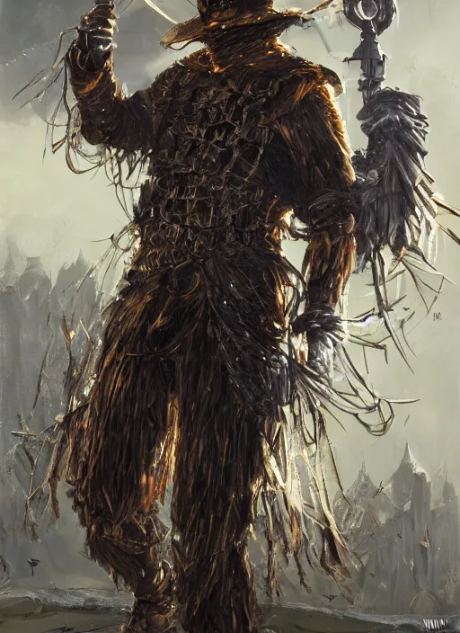 Prompt: powerful male scarecrow, willem dafoe as scarecrow, full body character concept, covered in full metal armor, art nouveau, super powers, fantasy, intricate, elegant, highly detailed, digital painting, artstation, concept art, shining, sharp focus, illustration, art by stanley lau