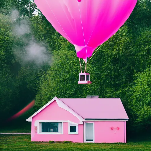 Image similar to a 5 0 mm lens photograph of a cute pink floating modern house, floating in the air between clouds, inspired by the movie up, held up from above by heart ballons. mist, playful composition canon, nikon, award winning, photo of the year