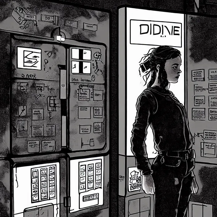 Image similar to sadie sink as a miner in a minimalist automated kiosk with options to choose from. storyboard, scifi cyberpunk. by gabriel hardman, joe alves, chris bonura. cinematic atmosphere, detailed and intricate, perfect anatomy