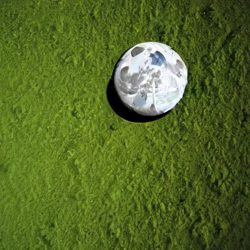 Image similar to a photography of a green soccer pitch on the moon, extreme long shot