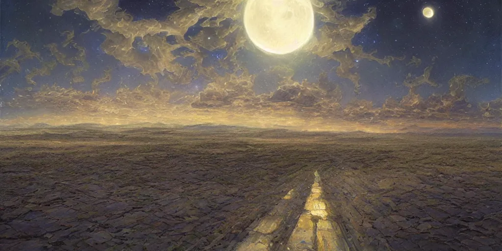 Image similar to the cloudy moonlit sky, landscape art by donato giancola and greg rutkowski, digital art, trending on artstation, symmetry!!, volumetric lighting, hdr, starry night