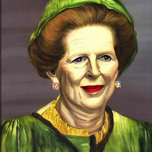 Image similar to margaret thatcher as a 1 2 th century peasant in england, painting, oil on canvas, restored, art, detailed