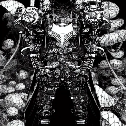 Image similar to a vertical portrait of a character in a scenic environment by yoshitaka amano and nihei tsutomu, black and white, dreamy, steampunk armor, highly detailed