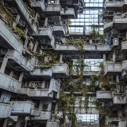 Image similar to of a dystopian city abandoned with debris, nice lighting, building full of plants, futurism, mc Escher, photography, architecture, 8k, detailed