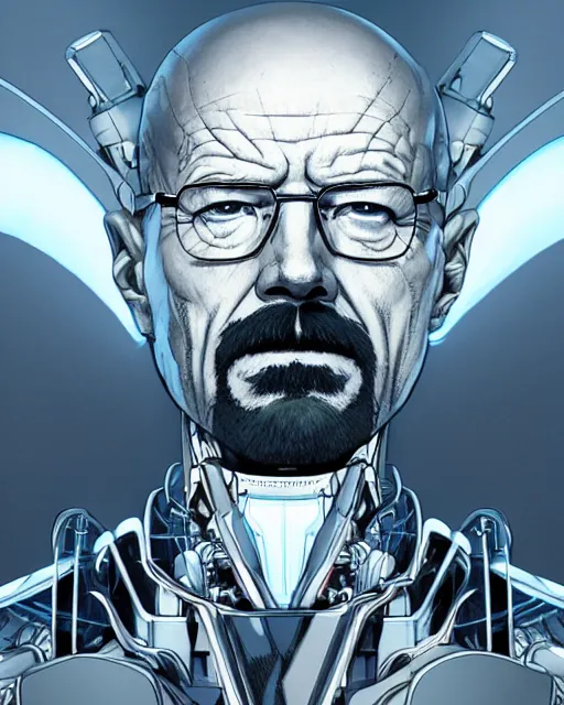 Image similar to portrait of walter white as a robot, cybernetic enhancements, art by makoto shinkai and alan bean, yukito kishiro