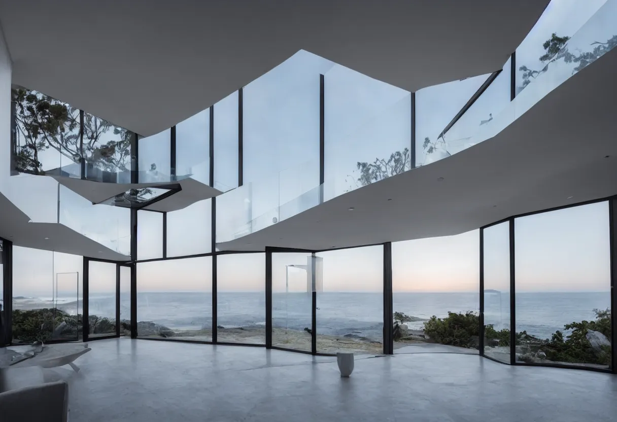 Prompt: Modern house interior with big windows at dawn, Located on a cliff view to the sea minimalistic epic architecture coherent high detail