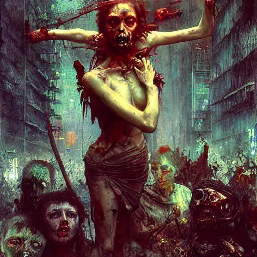 Prompt: riot of the cyberpunk zombies by bourguereau, mucha and beksinski, hyper real