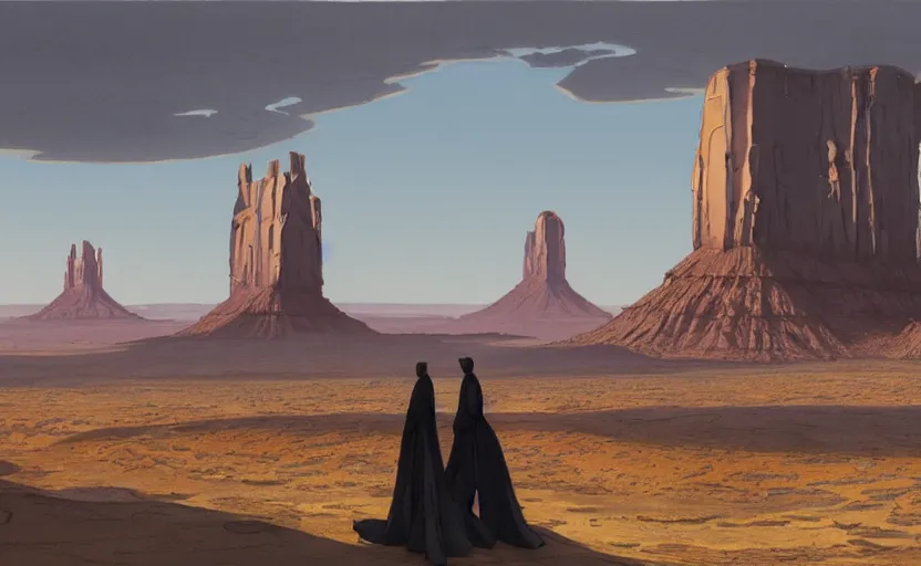 Image similar to a hyperrealist watercolor concept art of a futuristic city built in monument valley. a medieval monk in grey robes is in the foreground. golden hour. very muted colors, by rebecca guay, michael kaluta, charles vess. high detail, hq, wide shot, 4 k