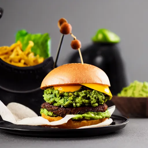 Image similar to juicy vegan hamburger topped with guacamole and fried onion and a vegan fried egg, crispy buns, 8 k resolution, professional food photography, studio lighting, sharp focus, hyper - detailed