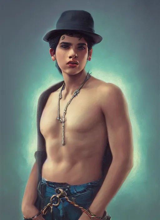 Prompt: magic realism portrait of a handsome young latino gang member in el paso, art by manuel sanjulian and tom bagshaw, hyperrealism, artstation