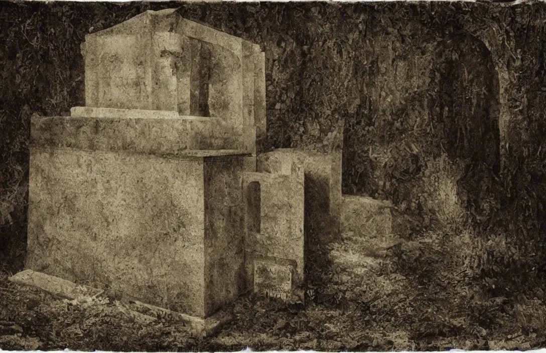 Image similar to tomb in which the body will be laid divisionism there is no sense of movement realm of words emerging from lush greenery intact flawless ambrotype from 4 k criterion collection remastered cinematography gory horror film, ominous lighting, evil theme wow photo realistic postprocessing ink and water jan van der heyden