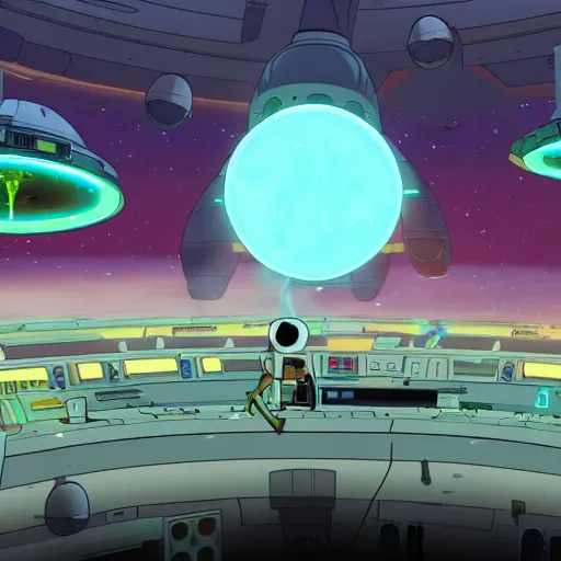 Image similar to screenshot rick and morty flying in their regular ufo in deep space, the death star explodes on background