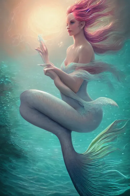 Prompt: beautiful elegant mermaid swimming through bioluminescent algae coral reefs by charlie bowater, ultra detailed, 8 k, intricate