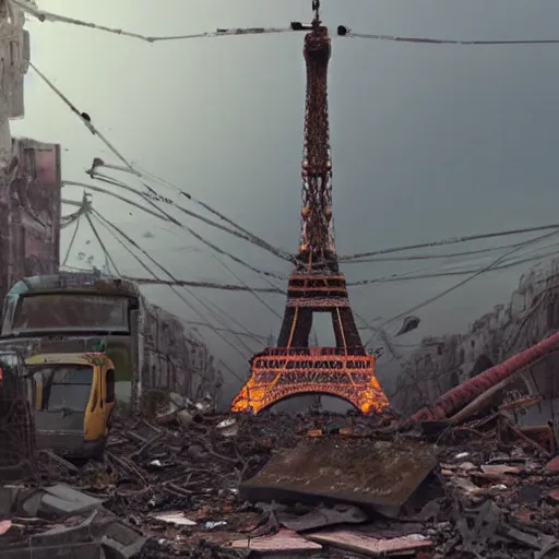 Image similar to A beautiful intricate 8K award-winning ground-level cinematic movie photograph of the future rusting rubble of the fallen and decimated Eiffel Tower, lying in pieces on the ground, surrounded by neon and collapsing corporate video billboard displays. in the year 2050, by Bruno Delbonnel and greg rutkowski. octane render, Arri Alexa 65. Cinematic lighting