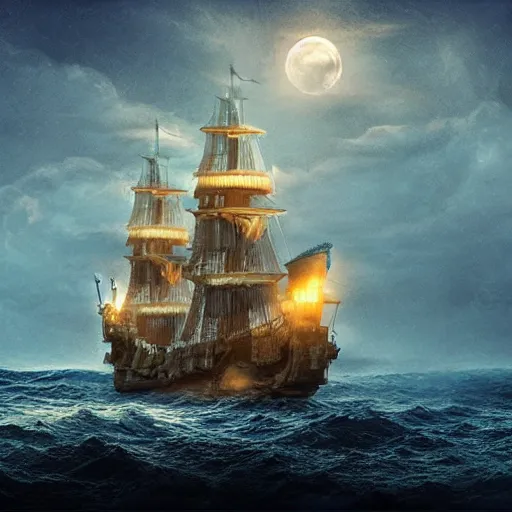 Image similar to extravagant pirate ship sailing over the still sea at night. moonlight. concept art. matte painting