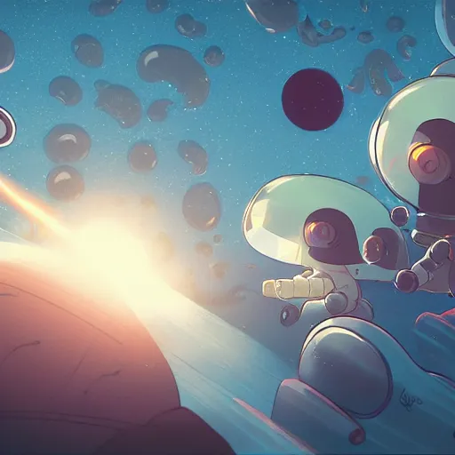 Image similar to baby harp seals astronauts shooting lasers at tentacle alien monsters on an asteroid, atey ghailan, goro fujita, studio ghibli, rim light, stark lighting, clear focus, very coherent,