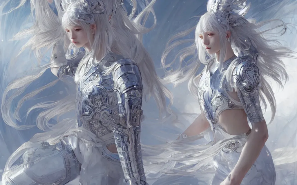 Prompt: white hair knights of zodiac girl, sliver ice color reflected armor, taekwondo vs fighting in ruined agora of athens sunrise, ssci - fi and fantasy, intricate and very very beautiful and elegant, highly detailed, digital painting, artstation, concept art, smooth and sharp focus, illustration, art by tian zi and wlop and alphonse mucha