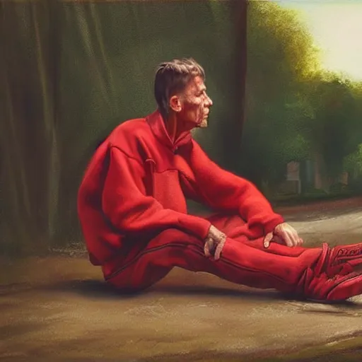 Image similar to a man in cheap and red used sportswear. he is smoking a cigarette. he is sitting on a dead dog. he is on the side of the road. he is wearing slippers. it is a rural scene, in poor village, dramatic lighting, hyper detailed, surreal, hyperrealism, oil painting