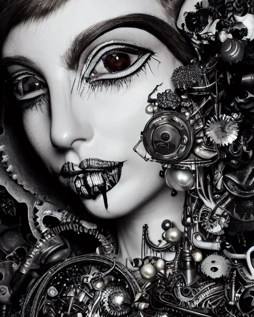 Image similar to black and white dreamy foggy smoky profile face portrait, one silver steampunk eye biomechanical beautiful young female cyclope - cyborg - robot bust, body ribs meshes,, volumetric light, hibiscus flowers, by hg giger, rim light, by dora maar and cecile beaton, big gothic fashion pearl embroidered collar, 8 k