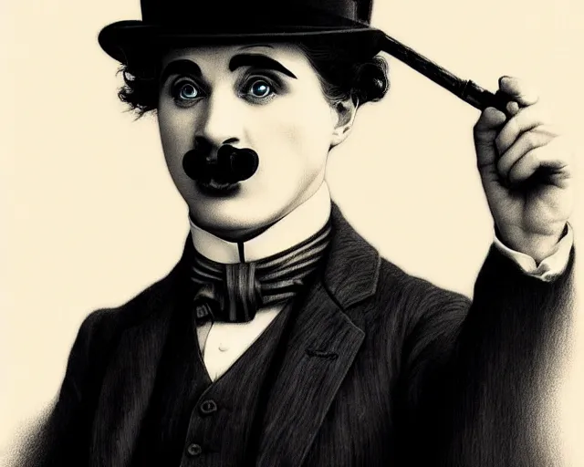 Image similar to charlie chaplin from 1 9 2 0, photography of kurzgesagt, deep focus, d & d, fantasy, intricate, elegant, highly detailed, digital painting, artstation, concept art, matte, sharp focus, illustration, hearthstone, art by artgerm and greg rutkowski and alphonse mucha