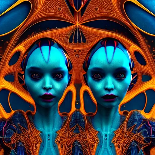 Image similar to twins from out space fractal, dark background, backlit:: by Martine Johanna and Simon Stålenhag and Chie Yoshii and Casey Weldon and Guillermo del toro :: ornate, dynamic, particulate, intricate, elegant, highly detailed, centered, artstation, smooth, sharp focus, octane render, 3d