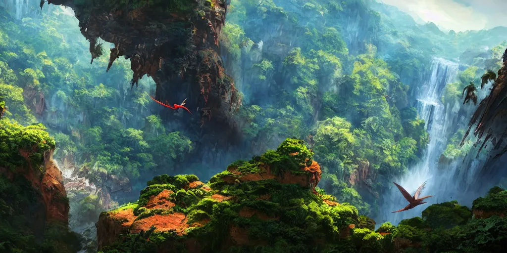 Image similar to wide angle view of swooping (orange red cerulean indigo) pterodactyl, over a deep canyon, mountainous jungle setting, trees, waterfall, river, rocks, dramatic lighting, highly detailed, artstation, unreal engine, matte painting in the style of craig mullins, Uncharted 4, fish eye lens, 8k HDR