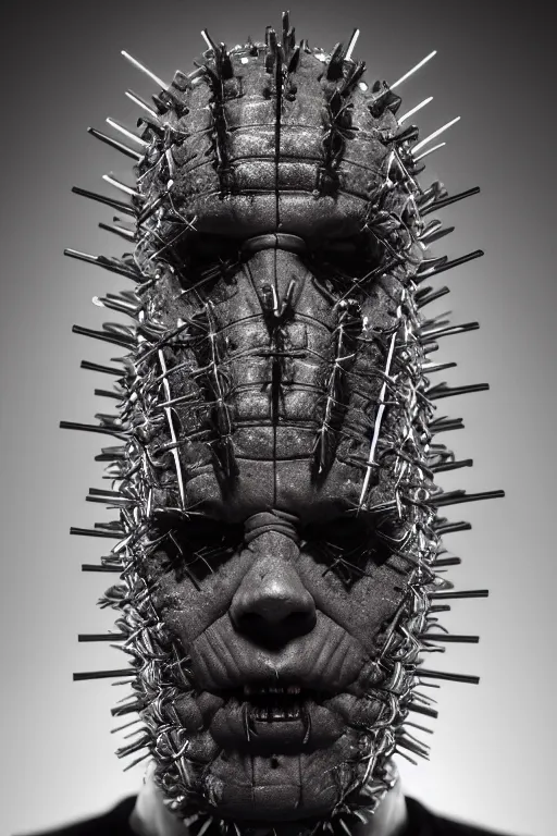 Prompt: Hyper realistic portrait of a Hellraiser cenobite, Dark Studio Lighting, fog, by Emil Melmoth, Trending on Artstation, 8k