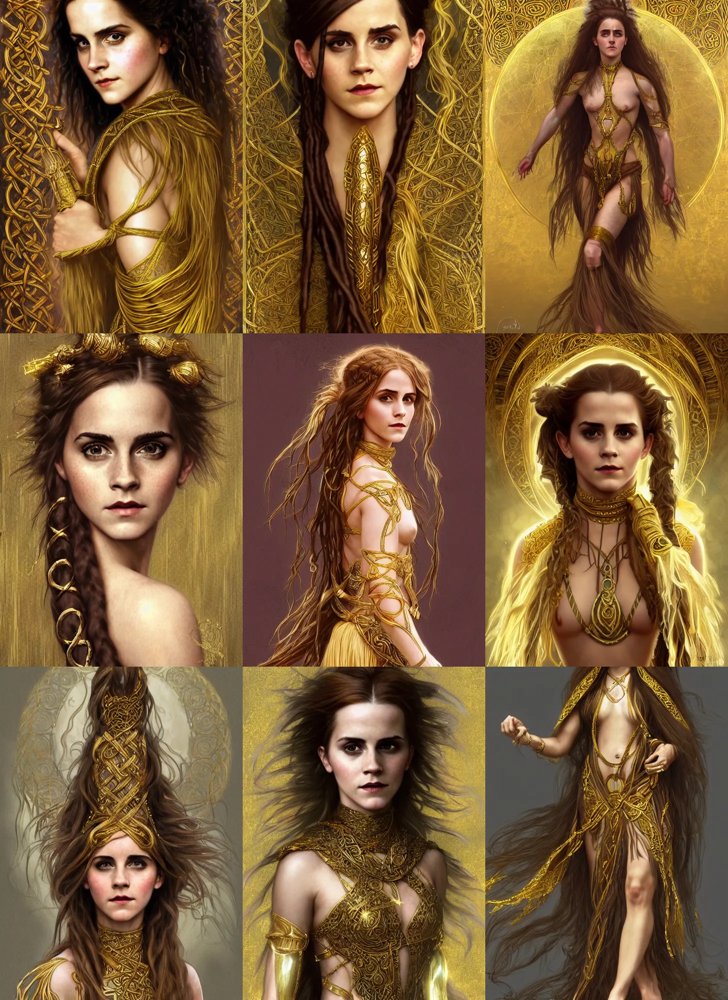 Prompt: mohican emma watson as celtic druidess, long dreadlocks, gold cloth, shiny background, intricate, elegant, highly detailed, digital painting, artstation, concept art, smooth, sharp focus, illustration, artgerm, mucha, bouguereau