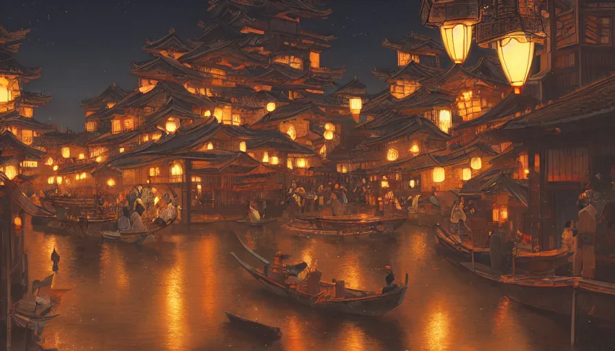 Image similar to edo era city festival near sea at night, beautiful lit lamps, 8 k highly detailed art, intricate, stanley lau, artgerm, artstation, smooth, far shot, wlop, alphonse mucha, cinematic shot, cinematic lighting