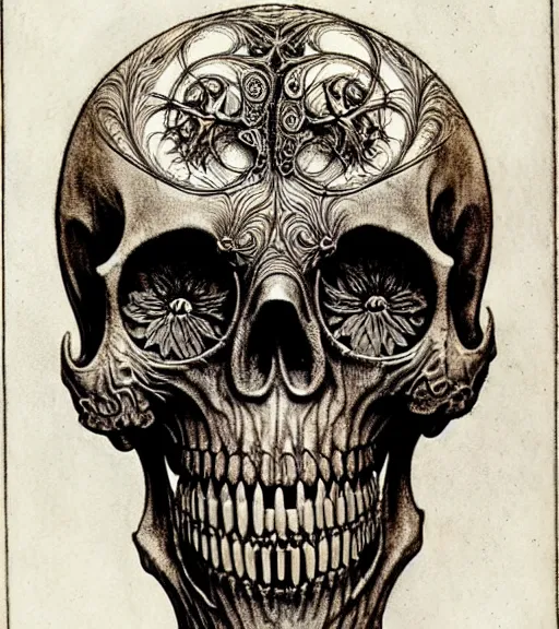 Image similar to memento mori by arthur rackham, art forms of nature by ernst haeckel, exquisitely detailed, art nouveau, gothic, ornately carved beautiful skull dominant, intricately carved antique bone, art nouveau botanicals, ornamental bone carvings, art forms of nature by ernst haeckel, horizontal symmetry, arthur rackham, ernst haeckel, symbolist, visionary