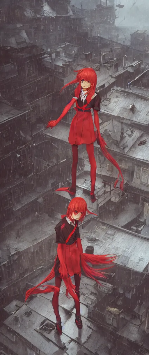 Prompt: asuka langley on a roof in a dishonored town, dunwall city, advanced digital art, dishonored aesthetic, cinematic lighting, rainy weather, melancholy atmosphere, artstation, dunwall city, gothic architecture, volumetric light, octane render, dishonored game, dishonored 1, atmosphere or depression and despair, cute anime face