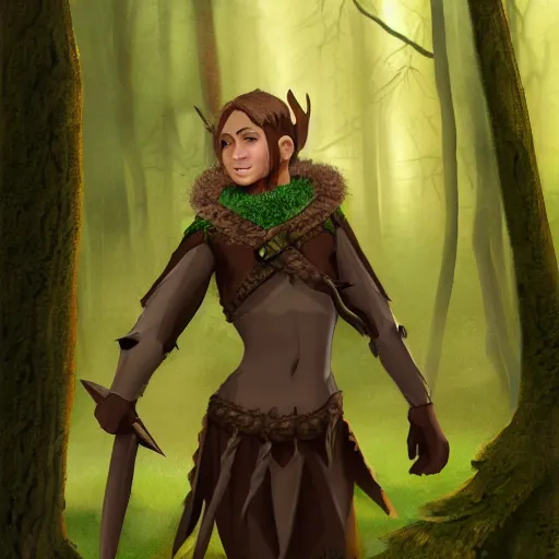 Image similar to anya charlota as a medieval fantasy wood elf, dark brown hair tucked behind ears, wearing a green tunic with a fur lined collar and brown leather armor, stocky, muscular build, scar across nose, one black, scaled arm, cinematic, character art, digital art, forest background, realistic. 4 k