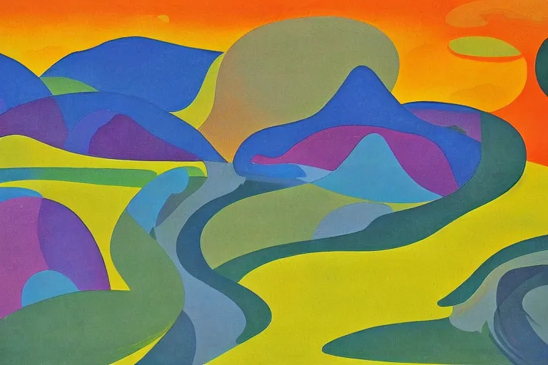 Image similar to A modernist landscape painting. Wild energy patterns rippling in all directions. Curves, zig-zags. Organic. Mountains. Clouds. Vegetation. Rushing water. Waves. LSD. Fauvism.