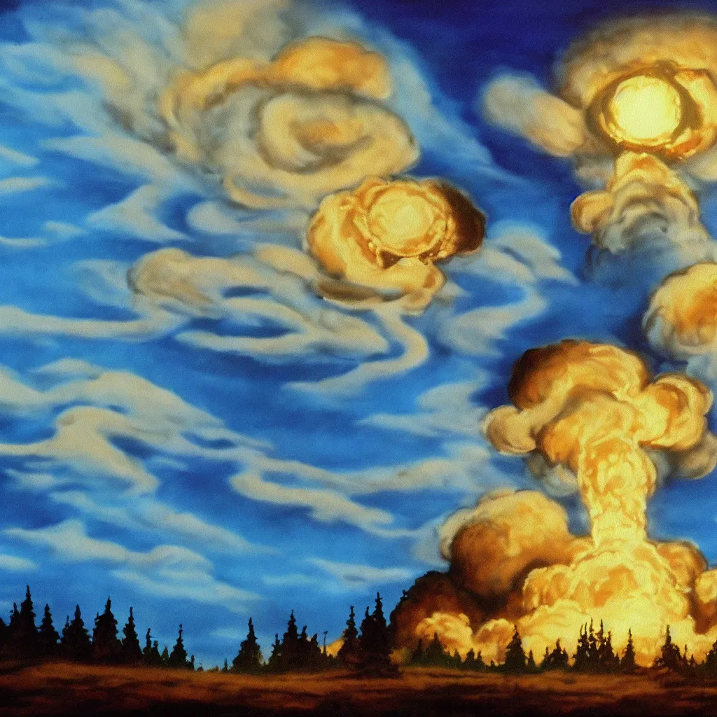 Image similar to bob ross painting of nuclear holocaust